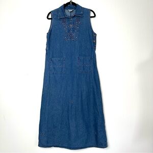 Vintage Prairiecore Floral Embroidered Denim Maxi Dress Cottagecore Western Boho